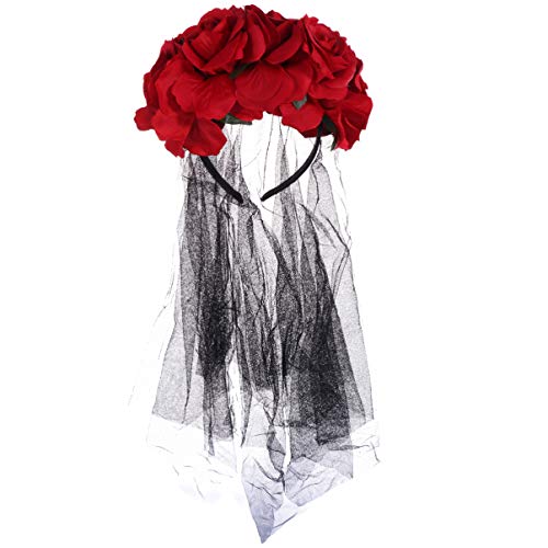 Lurrose rosa flor corona velo corona de cabello diadema floral disfraz de halloween tocado mexicano accesorios para el cabello para mujeres niñas rojo