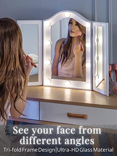 LUXFURNI Hollywood Espejo triple de maquillaje de sobremesa con control táctil de luz regulable alimentado por USB
