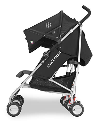 Maclaren Twin Triumph silla de paseo ligera y comapcta para niños a partir de 6 meses hasta 15 kg en cada asiento, Capota individual extensible, Incluye protector para la lluvia, Negro/gris oscuro