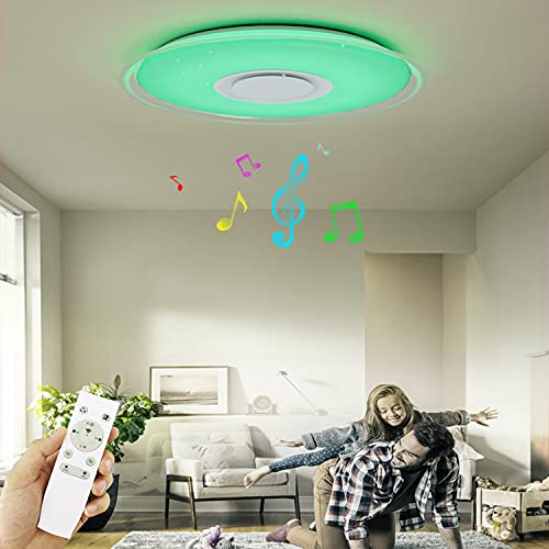 MAKELONG Iluminación de techo de interior, 36W 450mm 3000lm, Plafonnier Plafón LED Lámpara de Techo con Altavoz Bluetooth, 3000-6500K + RGB ajustable candelabro, Modo de luz nocturna, APP Disponible