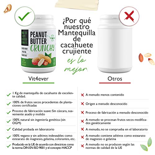 Mantequilla de cacahuete crujiente - 1kg de mantequilla de cacahuete natural sin aditivos - 30% de contenido en proteínas - mantequilla de cacahuete sin sal añadida, aceite o grasa de palma - vegano