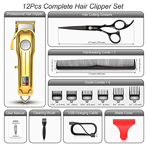 Maquina Cortar Pelo Profesional, CIICII Cortapelos Hombre & Recortadora de Barba (12Pcs/ Inalámbrico/Recargable/USB/LCD Pantalla) Recortador Pelo Barba Kit para Familia, Peluqueros