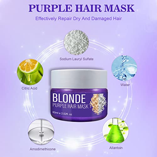 Mascarilla de Pelo Morado, Mascarilla Intensiva Violeta Matizadora, Mascarilla de Pelo Morado, Adiós al Amarillo, Tratamiento Capilar para Neutralizar Tonos Amarillos (60 ml)