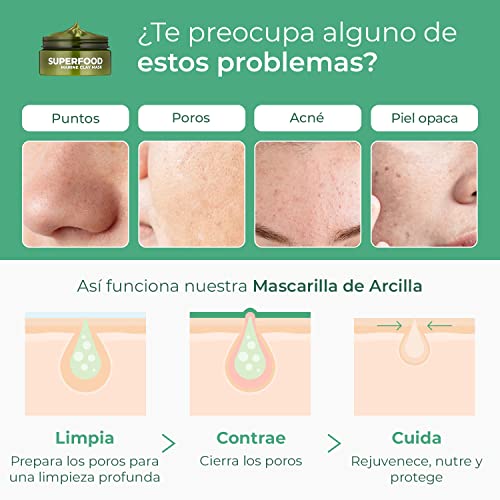 Mascarillas Faciales de Plantifique 100% Vegana - Mascarilla Purificante e Hidratante - Mascarilla de Arcilla Verde con Superalimentos 100ml - Limpia y Estrecha los Poros - Testado Dermatológicamente