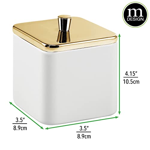 mDesign Algodonero Decorativo – Contenedor con Tapa con Bordes Redondeados para bastoncillos de algodón, Sales de baño y más – Organizador cosmético de Metal para baño – Blanco/Dorado latón