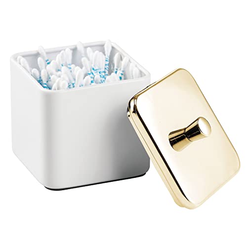 mDesign Algodonero Decorativo – Contenedor con Tapa con Bordes Redondeados para bastoncillos de algodón, Sales de baño y más – Organizador cosmético de Metal para baño – Blanco/Dorado latón