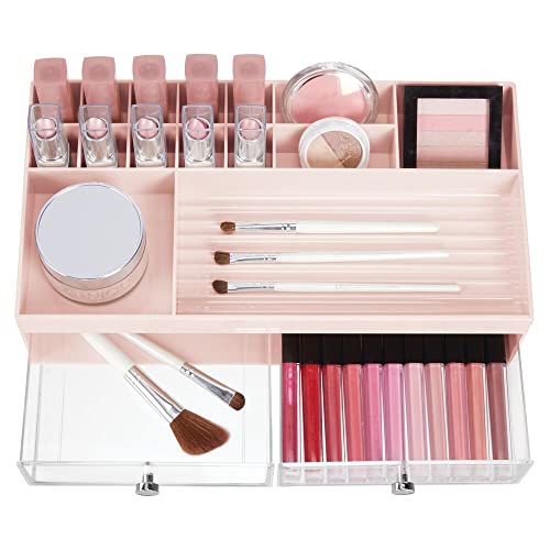 mDesign Organizador de cosméticos – Prácticas cajas para maquillaje con 2 cajones y 15 compartimentos para pintaúñas, talco y más – Cajoneras de plástico para cosmética – rosa/transparente