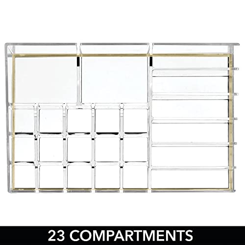 mDesign Práctico organizador de maquillaje – Decorativa caja para guardar cosméticos como esmaltes de uñas o polveras – Expositor de maquillaje con 17 compartimentos – transparente/dorado latón