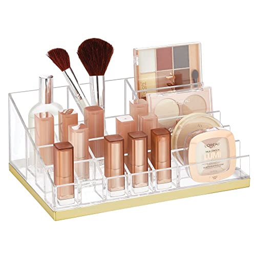 mDesign Práctico organizador de maquillaje – Decorativa caja para guardar cosméticos como esmaltes de uñas o polveras – Expositor de maquillaje con 17 compartimentos – transparente/dorado latón