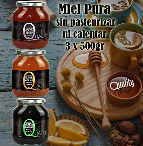 Miel pura de abeja 100%. Miel cruda sin pasteurizar ni calentar. Pack regalo y degustación 3x500g. Tarro de cristal. Origen España. Regalo: dispensador de madera.