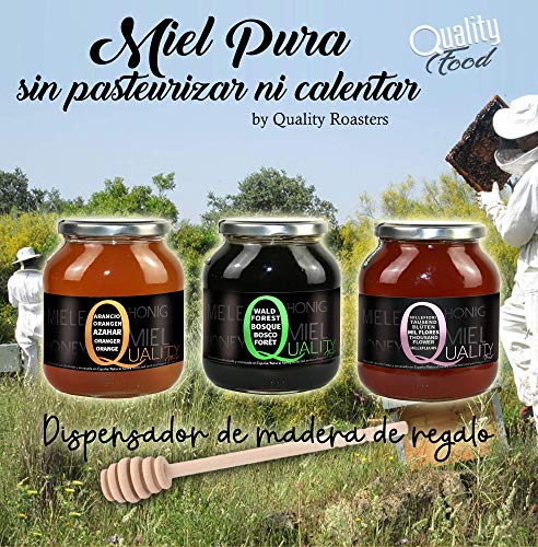 Miel pura de abeja 100%. Miel cruda sin pasteurizar ni calentar. Pack regalo y degustación 3x500g. Tarro de cristal. Origen España. Regalo: dispensador de madera.