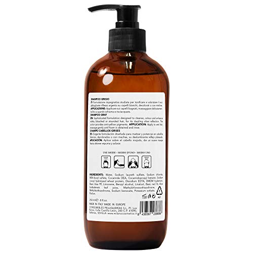 Milano Champú Cabellos Grises Hombre Shampoo Gray 250 ml Champú profesional sin sulfatos ni parabeno diseñado para matizar, cuidar y potenciar el pelo gris, blanco, cano o decolorado.