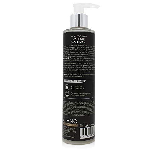 Milano Champú Zero Volumen 250 ml Sin sulfatos ni parabenos ni siliconas ni sales ni cera, profesional para pelo fino con efecto relleno natural, incrementando espesor. Hidratante, sensitive cero.