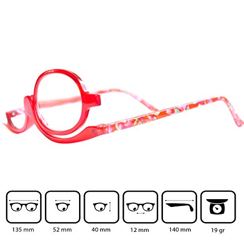 Mini Brille Gafas de Maquillaje, Gafas Para Maquillarse con Lente Abatible,Gafas con Lente que Gira Para Ayudarte con el Maquillaje con Funda Gratuita, Dioptrías +3.5 (Rojos)