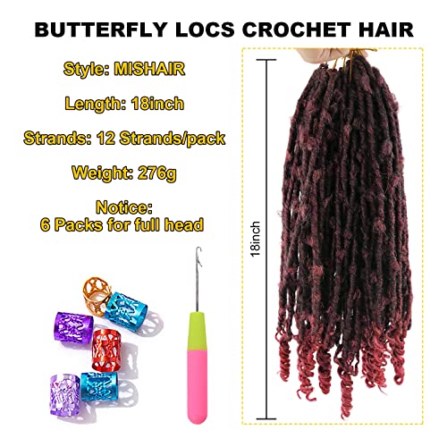 MISHAIR Extensiones de trenzas Vino tinto Crochet Tejido Extensiones de cabello Trenzas marrones Mariposa Locs Crochet Hair Long Afro Peluca Pelo sintético ondulado para trenzas Mujeres Boda 18"