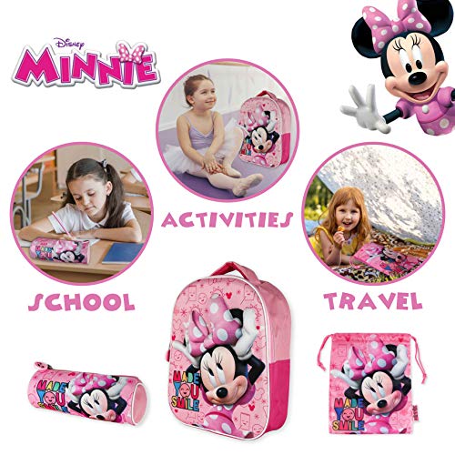 Mochila Infantil 3D, Estuche Escolar y Bolsa Merienda de Cuerdas Pack Diseño Colorido – Minnie Mouse | Mochila Escolar Niña de 3 Años | Material Escolar Vuelta al Cole con Minnie Mouse