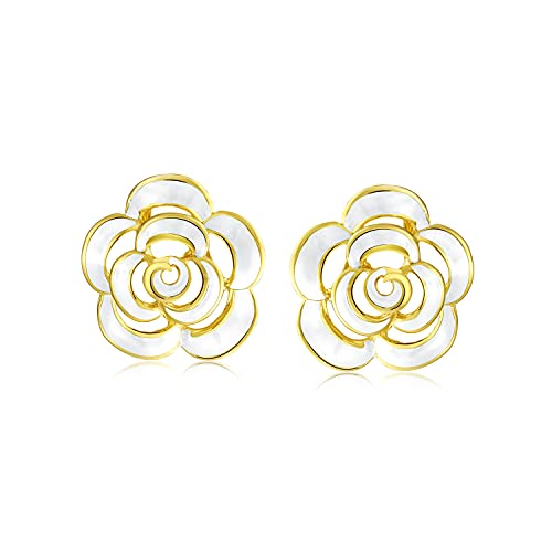 Moda Esmalte 3D Blanco Rosa Flor Stud Pendientes Botón Estilo 14K Oro Chapado