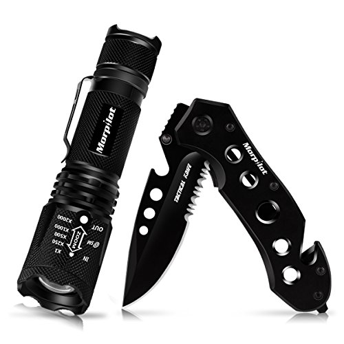 morpilot Navaja y Linterna Táctica Set, Cuchillo Supervivencia, Navaja Plegable, Linterna Militar de 5 Modos, 500LM, Impermeable IPX4, Para Acampar, Picnic, Caza