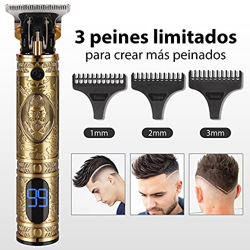 MOULEI Máquina de Cortar Pelo Profesional,Cortapelos inalámbrico Hombre Cortador de Pelo Recargable con Hoja T,Recortadora de Barba de Espacio Cero con 3 Peines-guía para Uso de Hogar y Peluquería