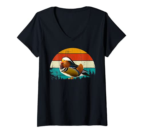 Mujer Vintage Retro Style Summer Sunset Animal Bird Mandarin Duck Camiseta Cuello V
