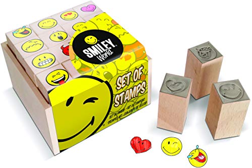 Multiprint Box de 16 Mini Sellos Smiley World, 100% Made in Italy, Set Sellos Niños Persolanizados, en Madera y Caucho Natural, Tinta Lavable no Tóxica, Idea de Regalo, Art. 47887