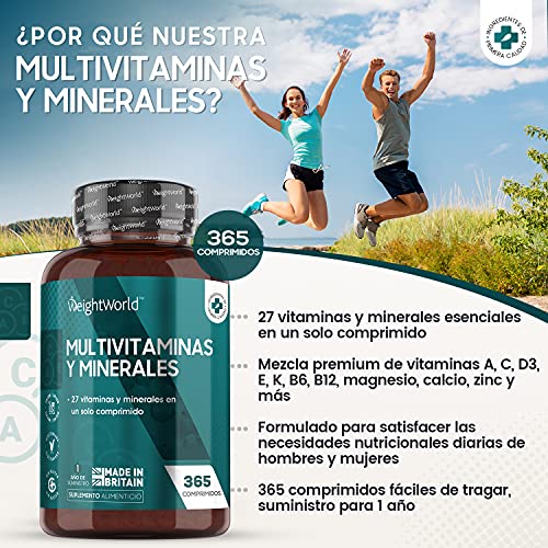 Multivitaminas y Minerales 365 Comprimidos Vegetales - 27 Vitaminas y Minerales Esenciales, Todas las Vitaminas C, A, D, B, K, E, Biotina y Minerales Yodo, Sodio, Hierro y Zinc Un Año de Suministro