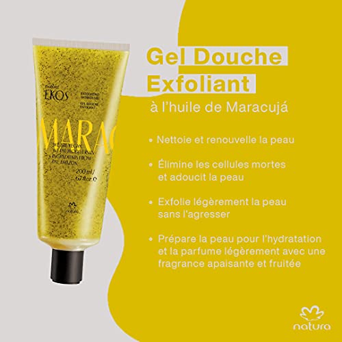 NATURA - Gel de Ducha Exfoliante Maracuja Natura Ekos - Exfolia Ligeramente y Suaviza la Piel - Proporciona una Piel Suave, Lisa y Perfumada - 100% Vegano - Cruelty Free - Tubo de 200 ml