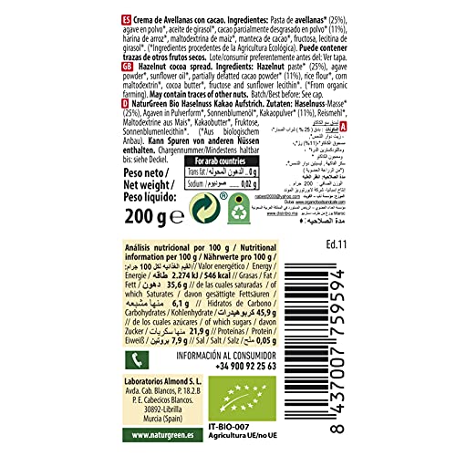 NaturGreen - Crema De Y Avellanas Bio, Crema Untable 100% Ecológica, Bajo Contenido En Sodio, Cacao, 200 Gramo