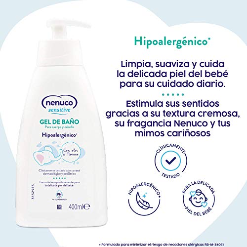 Nenuco Sensitive Gel de Baño Hipoalergénico para bebé con olor a Nenuco y pH equilibrado, 400 ml