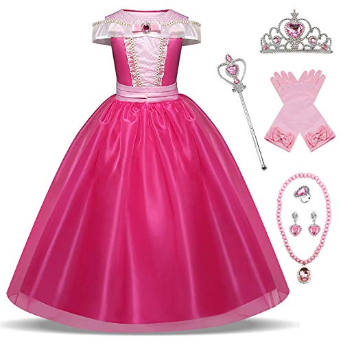 New front Disfraz Niña Princesa Aurora Vestido La Bella Durmiente Navidad Cumpleaños Largo Costume Diadema Varita Mágica Guantes Collar Traje Regalo Halloween Carnaval 3-8 Años