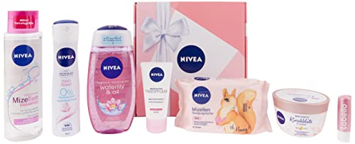 NIVEA Caja de regalo rosa, set de cuidado con champú, paños de limpieza, cuidado diario, ducha y más, set de regalo con productos de cuidado para momentos especiales de bienestar.