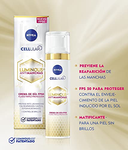 NIVEA Cellular LUMINOUS 630 Antimanchas Crema de Día FP50 Fluido Triple Protección (1 x 40 ml), crema iluminadora de cuidado facial, tratamiento antimanchas con FP50