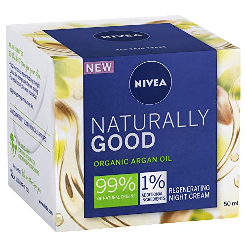 Nivea Crema de noche regeneradora Naturally Good (50 ml), crema hidratante facial con aceite de argán orgánico, crema de noche con aceite de jojoba y aceite de almendras, 99% ingredientes naturales