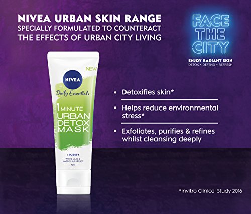 NIVEA Daily Essentials - Máscara de desintoxicación urbana de 1 minuto + Purify (75 ml), máscara facial purificadora de arcilla blanca con extracto de magnolia, máscara facial exfoliante