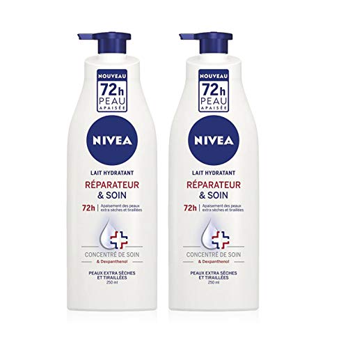 Nivea - Leche hidratante reparadora y cuidado 72 h para pieles extra secas y tirantes (2 x 250 ml), leche corporal concentrada de cuidado Nivea y Dexpanthenol, cuidado corporal hidratación 72H