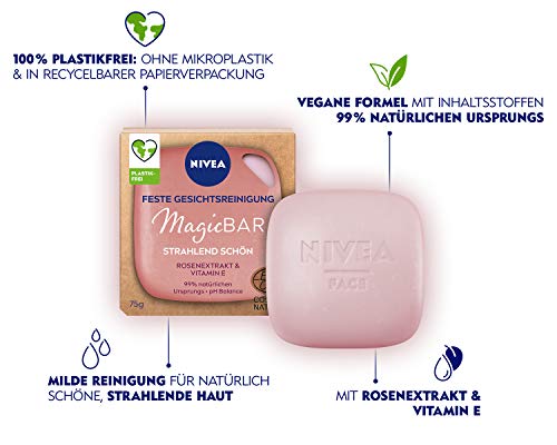 Nivea MagicBar Limpiador facial sólido, radiante, agradable (75 g), limpiador facial para piel radiante, cosmética natural certificada con extracto de rosa y vitamina E