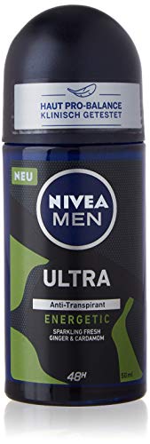 NIVEA MEN Desodorante Ultra Energetic en roll-on (50 ml), antitranspirante que protege contra la humedad de las axilas, desodorante con 48 h de protección y aroma masculino.