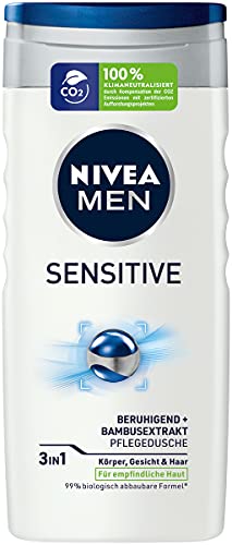 NIVEA MEN Gel de ducha Sensitive (250 ml), refrescante y nutritivo con leche de bambú, ducha hidratante para pieles sensibles