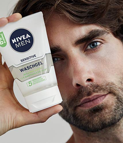 NIVEA MEN Gel de lavado sensible (100 ml), gel limpiador sin jabón con manzanilla y vitamina E para piel sensible de los hombres, limpieza facial calmante con 0% de alcohol