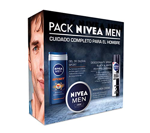 NIVEA Men Pack Creme, Caja de Regalo com Gel de Hombre para Ducha (1 x 250 ml), Crema Hidratante Multiusos (1 X 50 ml) y Desodorante Invisible (1 X 200 ml), Estándar