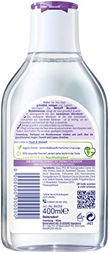 Nivea Micellair Skin Breathe agua micelar para pieles sensibles (400 ml), nutritivo removedor de maquillaje con dexpantenol y aceite de semilla de uva, limpiador suave para la cara