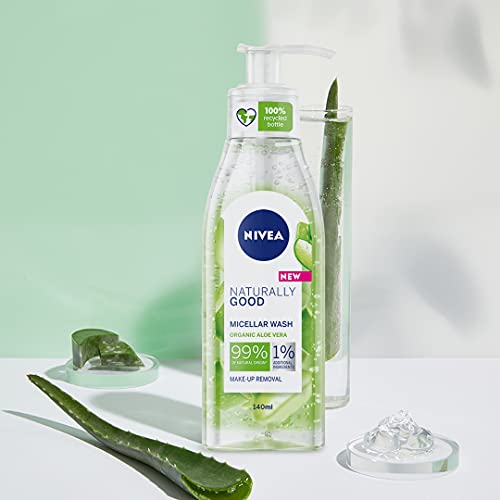 NIVEA Naturally Good Gel Limpiador con Aloe Vera Bio (1 x 140 ml), desmaquillante facial con 99% de ingredientes naturales, gel refrescante e hidratante