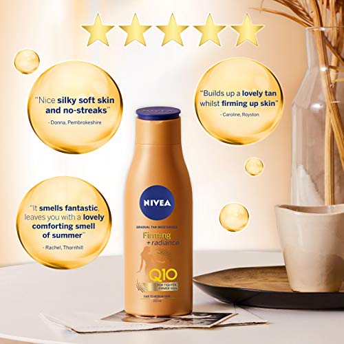 Nivea Q10 Reafirmante + Radiance Gradual Tan (400 ml), Crema Reafirmante Activante Bronceado con Q10, Soporta un Bronceado Gradual Crema Hidratante Bronceado para un Brillo Radiante Beso