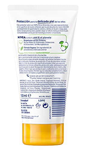 NIVEA SUN Crema Solar Niños Mineral FP 50+ (1 x 150 ml), protector solar infantil extrarresistente al agua con fórmula vegana y sin perfume, protección solar muy alta