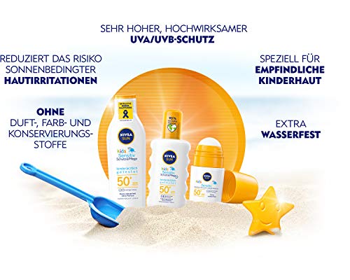 NIVEA SUN Kids Sensitiv protección solar en barra 2 unidades (2 x 50 ml), crema solar con SPF 50+, práctica loción solar para la piel sensible de los niños