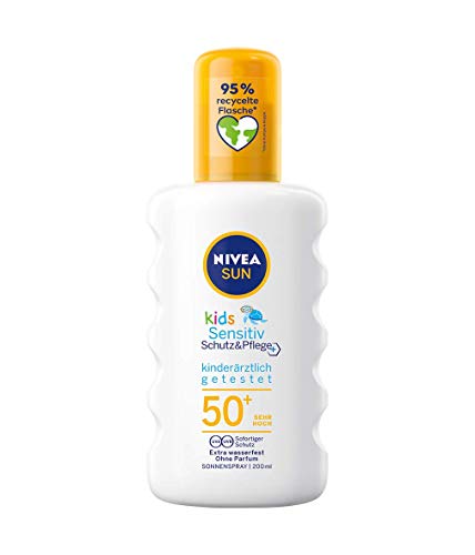 NIVEA Sun Kids Sensitiv Protección y cuidado solar Spray SPF 50+ incluye tamaño de viaje gratis (200 ml + 50 ml), crema solar impermeable para pieles sensibles de niños