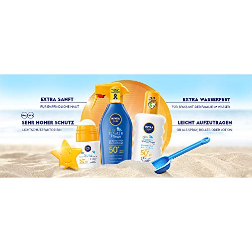 NIVEA Sun Kids Sensitiv Protección y cuidado solar Spray SPF 50+ incluye tamaño de viaje gratis (200 ml + 50 ml), crema solar impermeable para pieles sensibles de niños