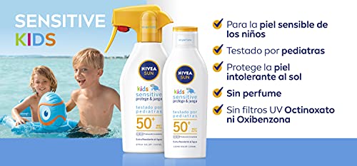 NIVEA SUN Kids Sensitive Protege & Juega Leche Solar para niños FP 50+ (1 x 200 ml), protector solar infantil resistente al agua, protección solar muy alta