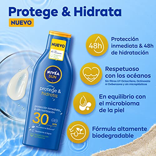 NIVEA SUN Protege & Hidrata Leche Solar FP30 (1 x 200 ml), protector solar hidratante y resistente al agua con protección UVA/UVB, protección solar alta