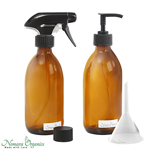 Nomara Organics® Juego de botella de Spray de vidrio ámbar + Loción Bomba 300 ml..aceite dispensador + transferencia embudo